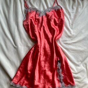 Vintage Red Satin Nightgown with Lace